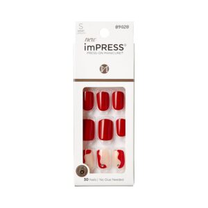 KISS imPRESS Press-On Manicure Fake Nails – Adore You, Short, Square, Red, Easy Press On, Chip Proof, Smudge Proof, Waterproof, No Dry Time, Comfortable & Secure, Super Hold Adhesive | 30 Count