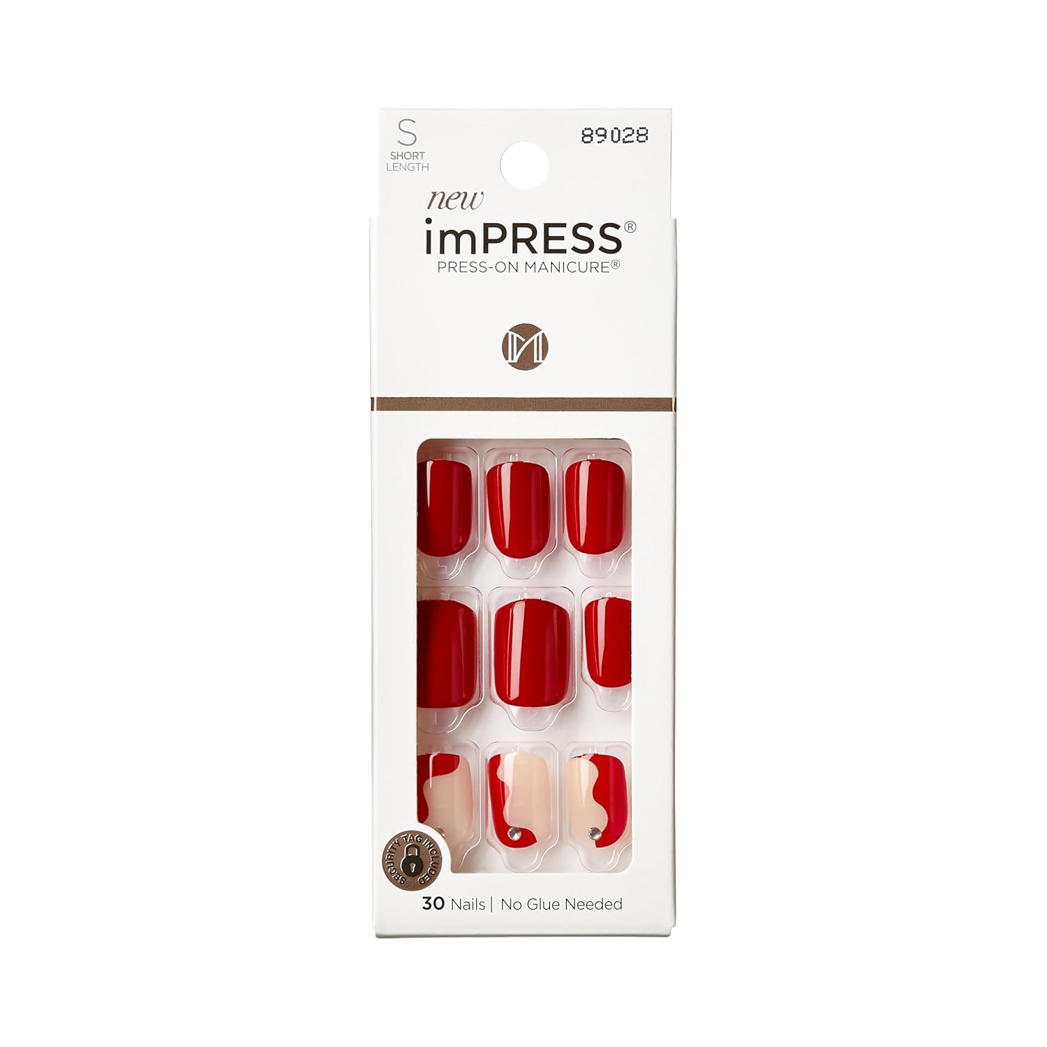 KISS imPRESS Press-On Manicure Fake Nails – Adore You, Short, Square, Red, Easy Press On, Chip Proof, Smudge Proof, Waterproof, No Dry Time, Comfortable & Secure, Super Hold Adhesive | 30 Count