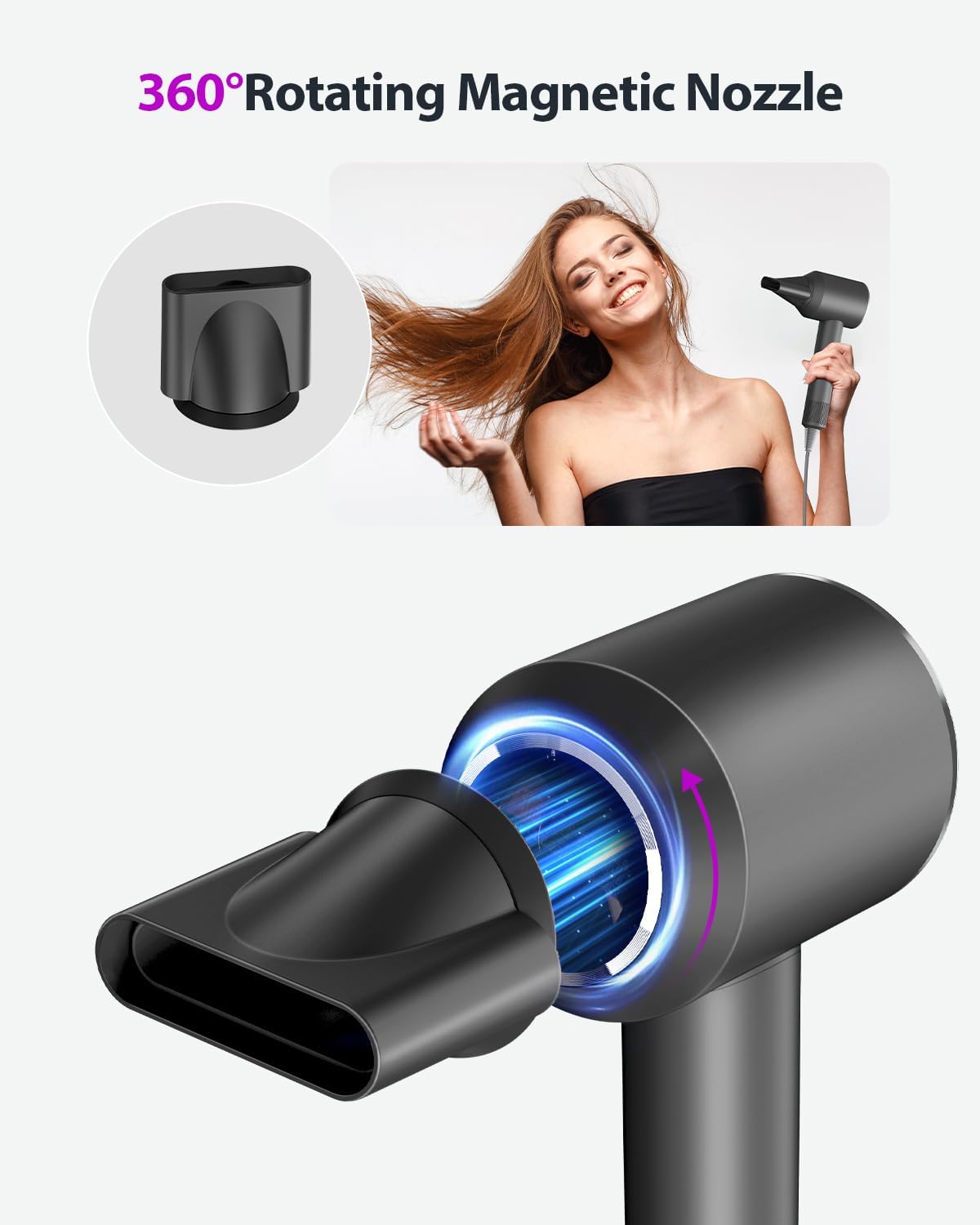 Hair Dryer, 160000 RPM Professional High-Speed Blow Dryer 200 Millions Negative Ionic Care Hair Dryer for Fast Drying, Low Noise Thermo-Control Hairdryer, Travel with Magnetic Nozzle, Gray - Image 6