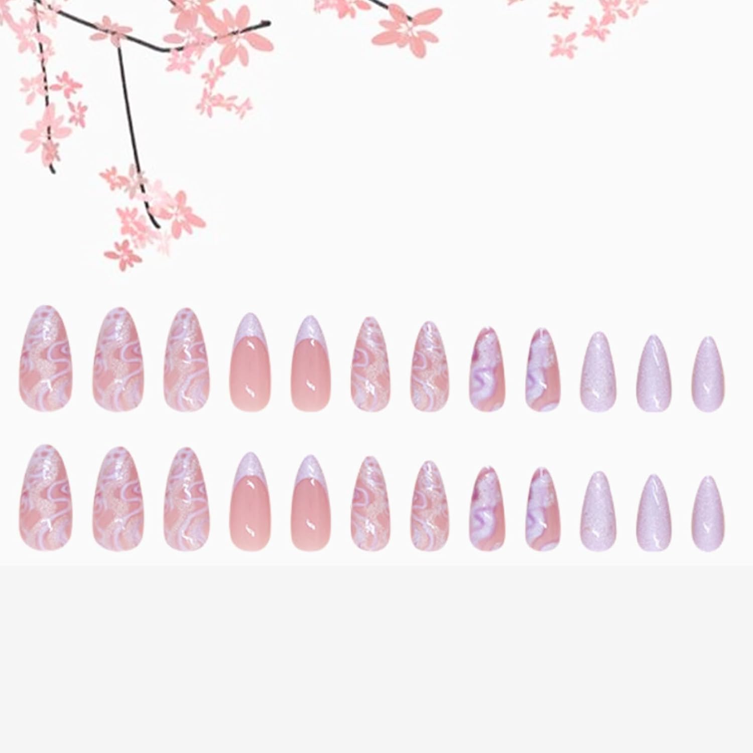 24Pcs Glitter Marble Press on Nails Medium French Tip Fake Nails Nude False Nails with Purple Sparkly Design Glossy Acrylic Nails Full Cover Glue on Nails False Nails for Women Girls Nail Decoration - Image 3
