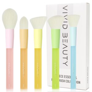 5pcs Multi Color Face Makeup Brush set – Powder, Kabuki, Angled Fluff, Blush Brushes with Vegan Bristles That Mimic Natural Wool – Non-Slip Rubber Handles – Perfect for Contouring, Setting, Blending