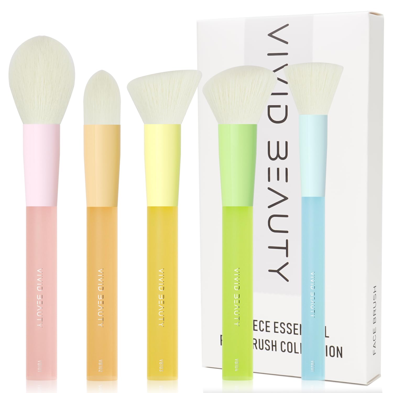 5pcs Multi Color Face Makeup Brush set – Powder, Kabuki, Angled Fluff, Blush Brushes with Vegan Bristles That Mimic Natural Wool – Non-Slip Rubber Handles – Perfect for Contouring, Setting, Blending