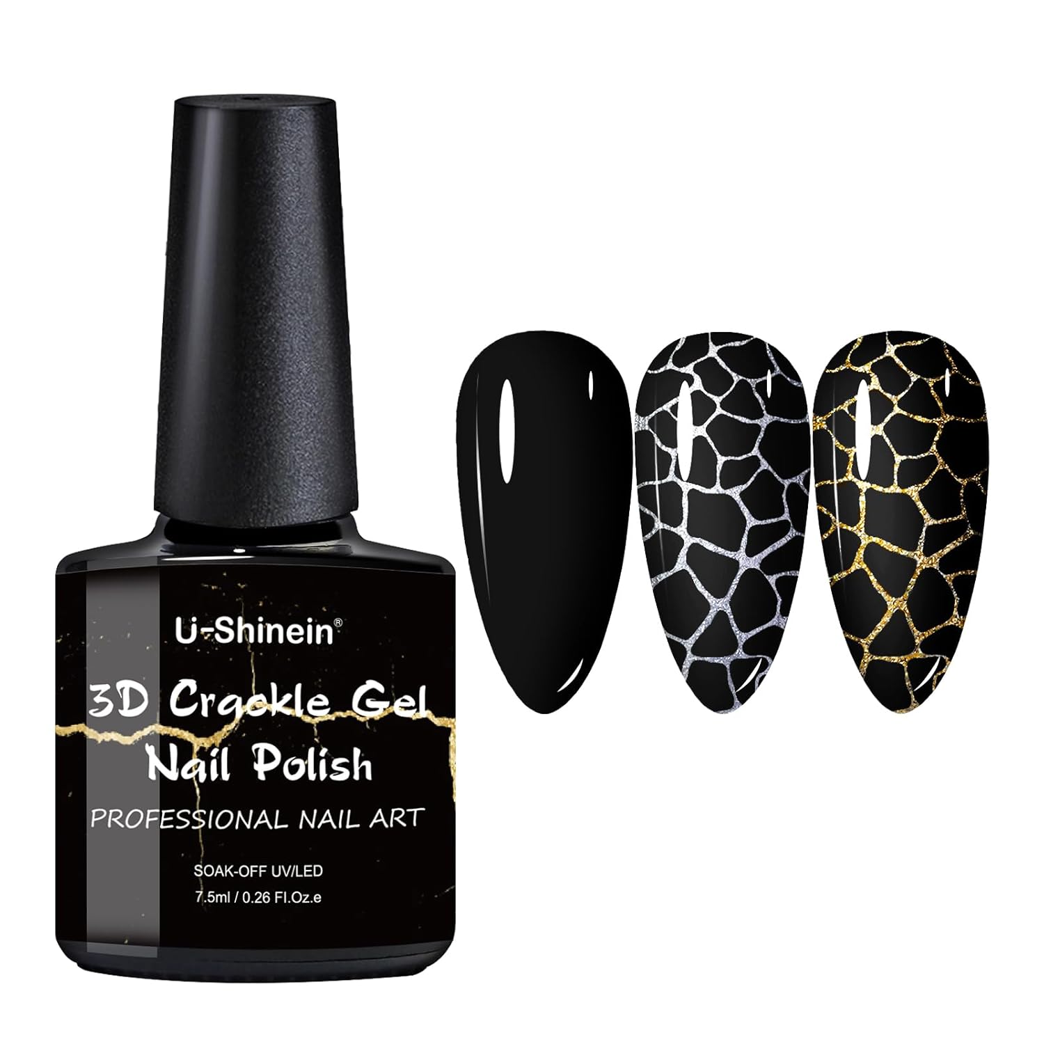 3D Crackle Gel Nail Polish, Magic Black Crackle Nail Polish, Amazing Crackle Effect Patterned Nail, Long-lasting & Cool Crackle Air Dry UV LED Lamp Needed Nail Gel Polish