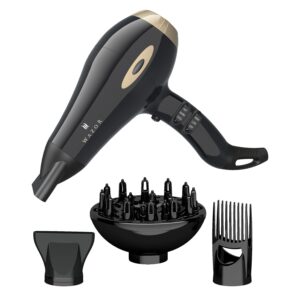 Salon Hair Dryer 1875W Professional Negative Ionic Blow Dryer for Home Use, 2 Speed and 3 Heat Settings Fast Drying with Diffuser and Comb and Nozzel Mid-Size Black Color