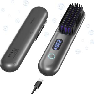 Cordless Hair Straightener Brush-Portable Straightening Comb, 9600mAh Batt, Plasma Tech, 9 Temp-Settings & LED Display, for Travel & Home (Metallic Grey)