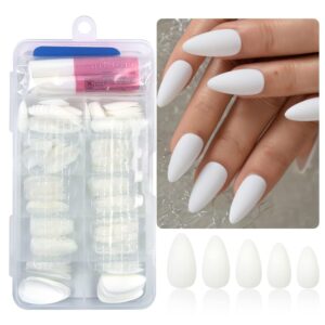 AddFavor 120pcs White Almond Press on Nails Medium Length Fake Nails Full Cover Stiletto Acrylic Glue on Nails Set with Adhesive Tabs for Women and Girls Manicure, 12 Sizes Matte Almond Nails