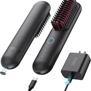 TYMO Cordless Hair Straightener Brush - Porta PRO Portable Straightening Brush for Travel, Mini Ionic Hot Comb Straightener for Women, Lightweight on-The-go, Cordless & Fast Charger Dual Power, Black