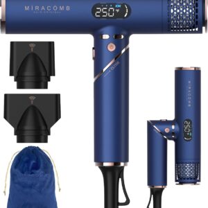 Foldable Travel Hair Dryer, Powerful Ionic Blow Dryer Pro with Brushless Motor for Fast Drying, Lightweight Portable Hairdryer for Women/Men, Digital Heat/Speed Settings, with 2 Nozzles
