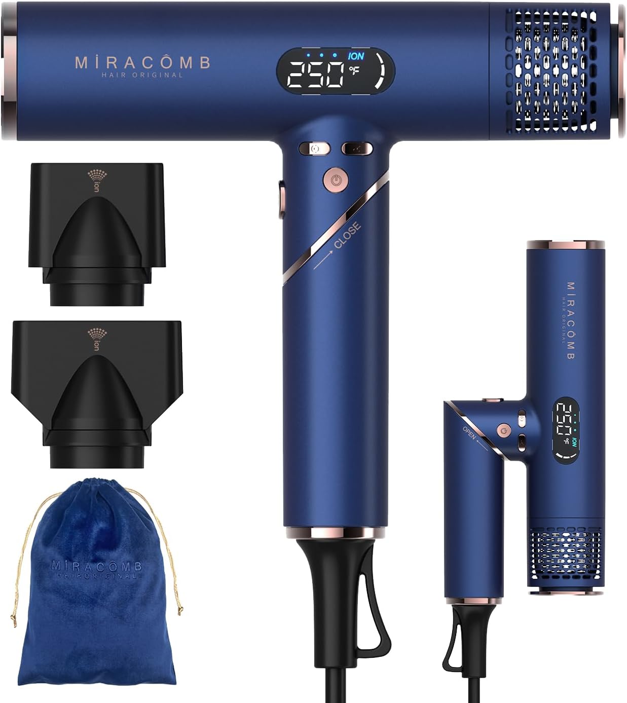 Foldable Travel Hair Dryer, Powerful Ionic Blow Dryer Pro with Brushless Motor for Fast Drying, Lightweight Portable Hairdryer for Women/Men, Digital Heat/Speed Settings, with 2 Nozzles