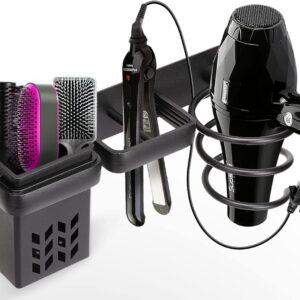YUET Hair Dryer Holder Hairdryer Station Wall Mounted Spiral Shelf Bracket Stand Hanger Straightener Organizer Blow Storage with Holes Rack For Bathroom Aluminum Professional (Black With Cup)