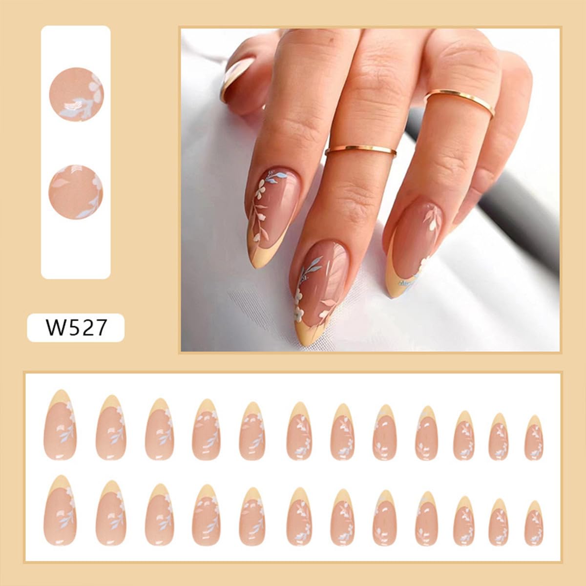 Flower Almond Medium French Tip False Nails with Floral Designs - Glossy Full Cover Acrylic Artificial Cute Stick on Nails for Women - 24pcs - Image 5