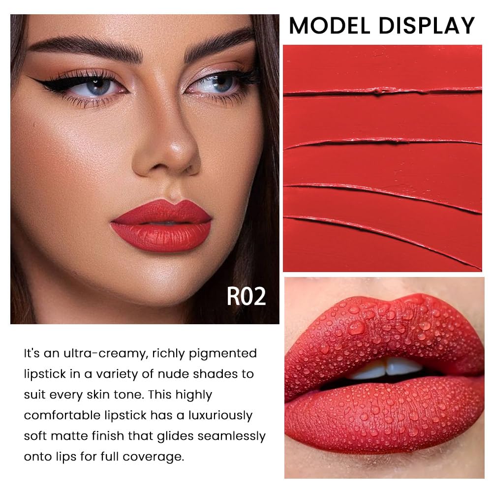evpct 1Pcs Ruby Orange Red Lipstick, Silky Velvet Matte Lipstick Pack Sets for Women, Long Lasting Smudge Proof Lipstick Lip Stain Makeup Kit matte lipstick 24 hours original R02 - Image 4