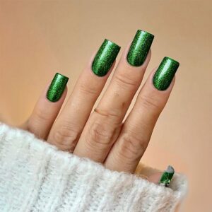 Green Press on Nails Medium Square Fake Nails Dark Green Glitter Acrylic Nails Full Cover Glue on Nails Solid Color Reusable Artificial False Nails Stick on Nails for Women Girls Manicure 24Pcs