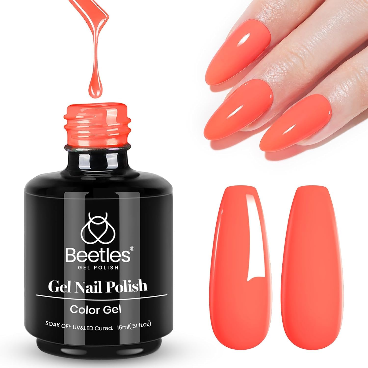 Beetles Peach Gel Nail Polish Carly Coral Orange Color Soak Off UV LED Nail Lamp Gel Polish 15 ml Each-Summer Nail Art DIY Manicure Gift for Women Girls