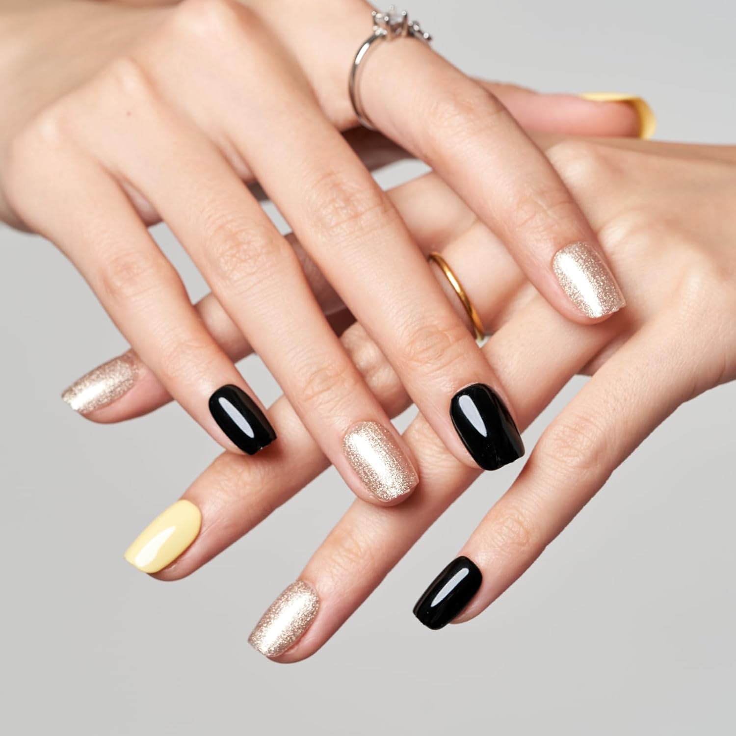 GLAMERMAID Press on Nails Extra Short Square, Fall Glitter Yellow and Black Gel Glue on Nails, Glossy Fake Nails Reusable Acrylic False Nails Manicure Kits for Women - Image 3