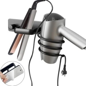 Hair Dryer Holder - Hair Dryer Wall Mount, Aluminum Hair Tool Organizer Wall Mount with Self Adhesive and Drilling Install Options, Flat Iron/Curling Iron/Straightener Holder for Bathroom