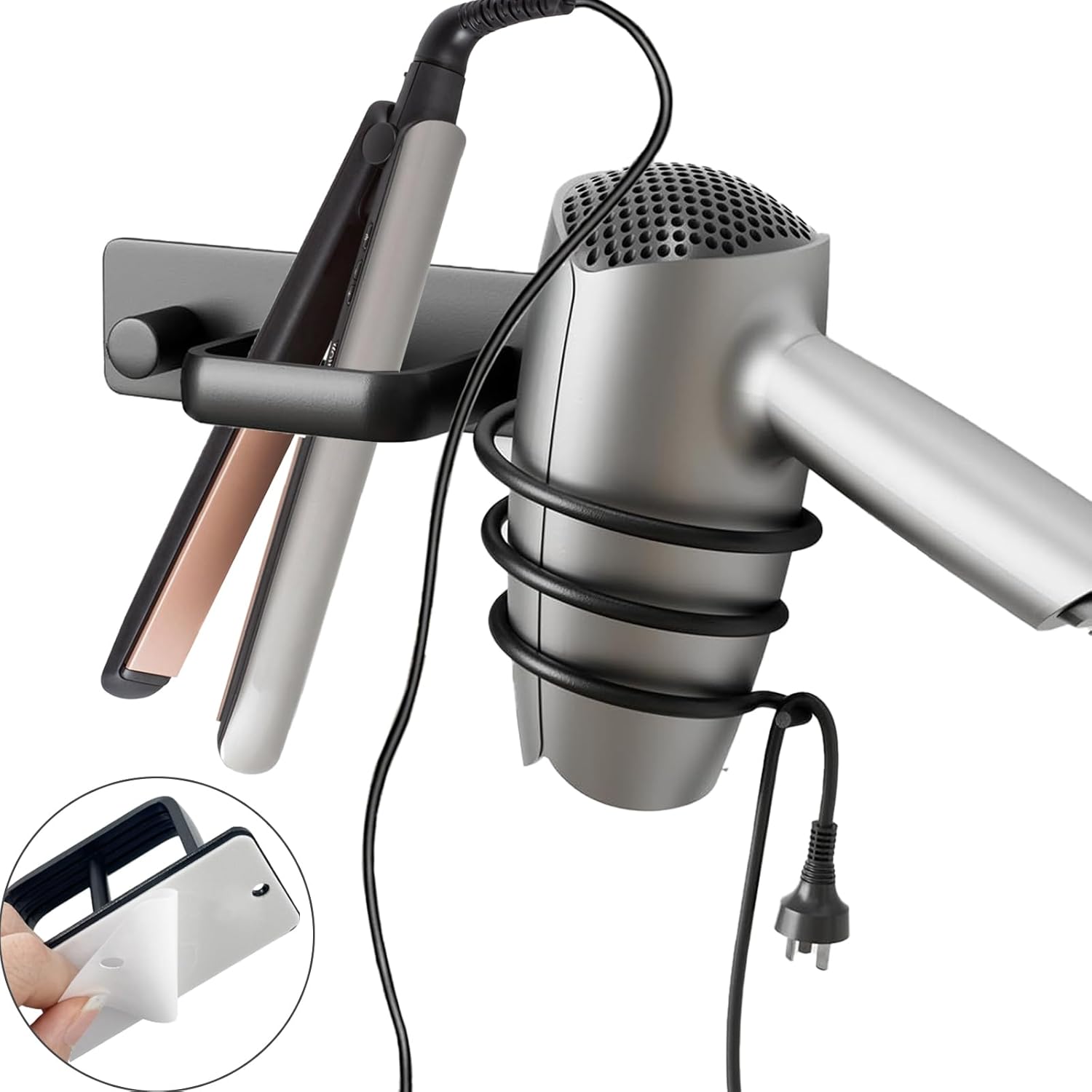 Hair Dryer Holder - Hair Dryer Wall Mount, Aluminum Hair Tool Organizer Wall Mount with Self Adhesive and Drilling Install Options, Flat Iron/Curling Iron/Straightener Holder for Bathroom