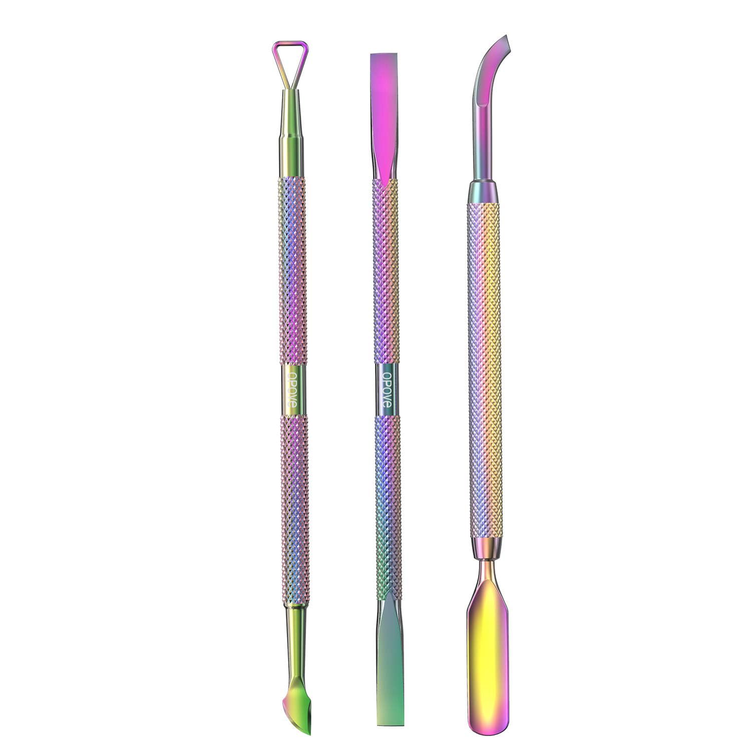 Cuticle Pusher Acetone/Gel/Nail Polish Remover Stainless Steel Professional 3pcs Set Cuticle Scraper Fingernails & Toenails Clean Manicure Tools Cuticle Care for Women&Girl,opove CP-3 (Rainbow Color)