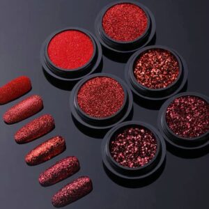 Nail Art Glitter Sequins 6 Boxes Red Crystal Diamond Nail Powder 3D Holographic Nail Art Powder Shiny Flakes Acrylic Nail Glitters Set for Valentine's Day Nail Decoration Manicure Tips Charms