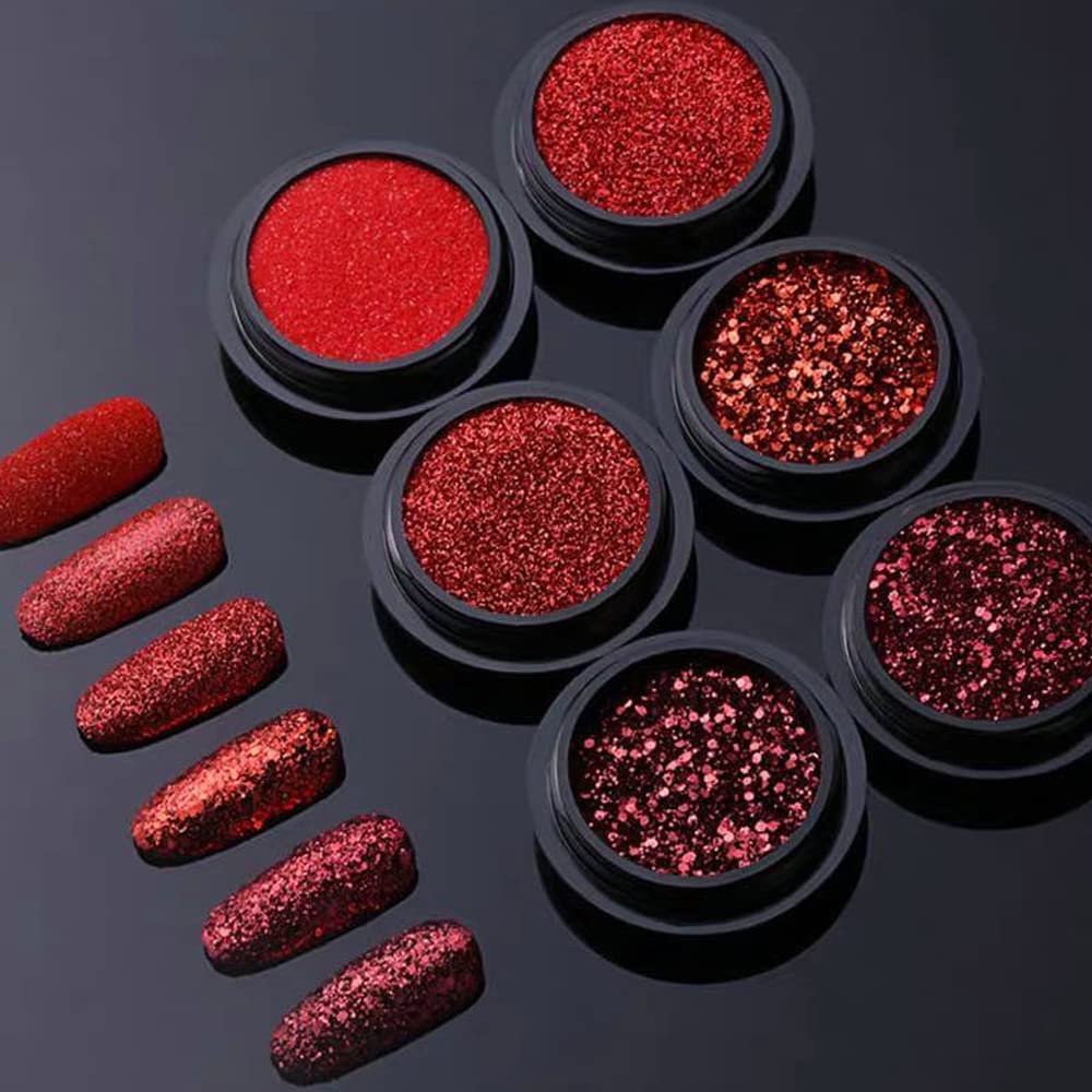 Nail Art Glitter Sequins 6 Boxes Red Crystal Diamond Nail Powder 3D Holographic Nail Art Powder Shiny Flakes Acrylic Nail Glitters Set for Valentine's Day Nail Decoration Manicure Tips Charms