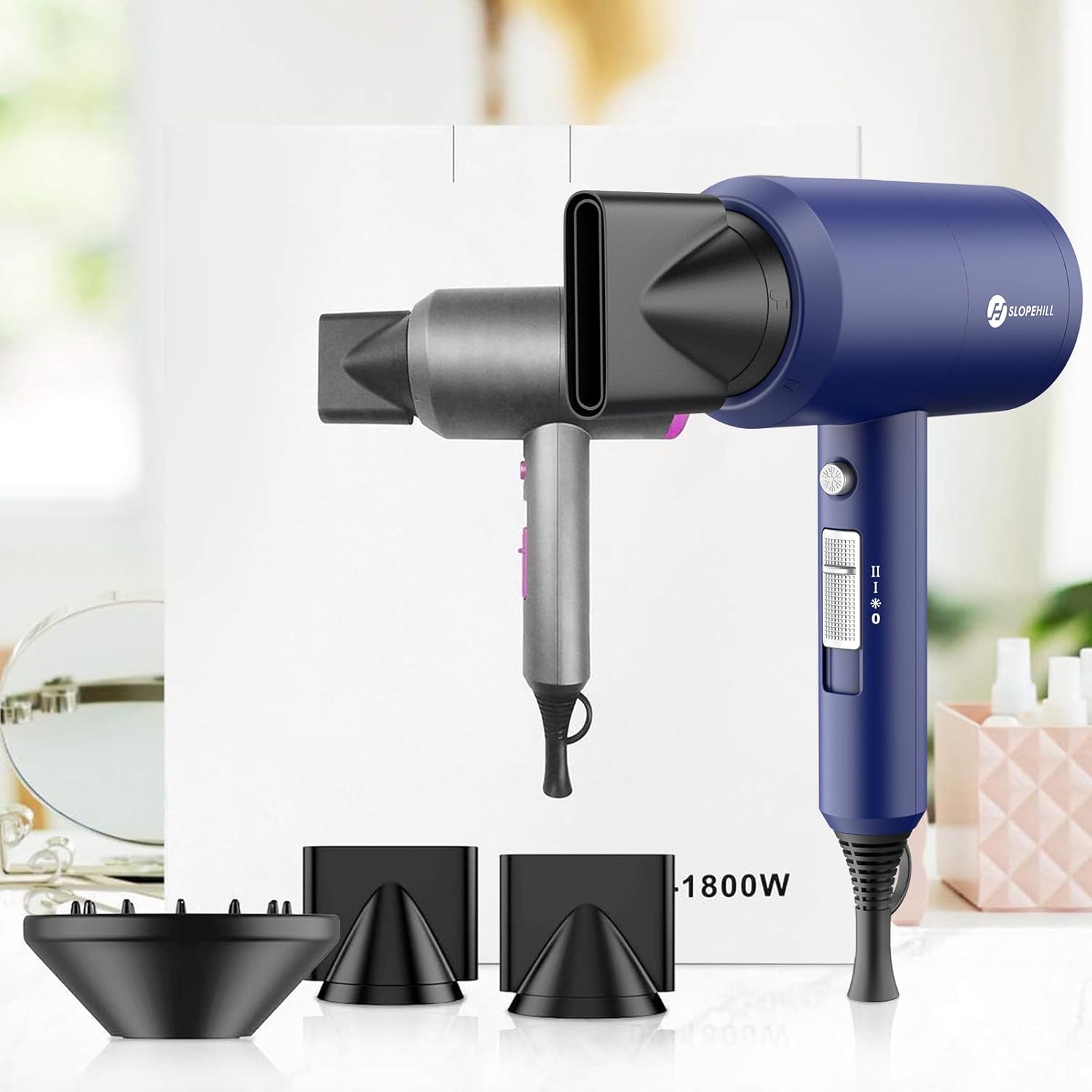 Slopehill Professional Ionic Hair Dryer, Powerful 1800W Fast Drying Low Noise Blow Dryer with 2 Concentrator Nozzle 1 Diffuser Attachments for Home Salon Travel (Prussian Blue) - Image 8