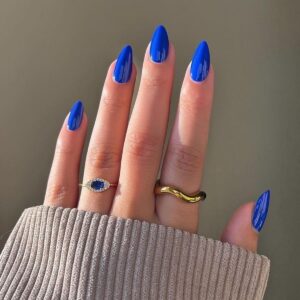 KQueenest Royal Blue Press on Nails Short Almond - 30 Pcs Saphire Blue Fake Nails Press ons, Vibrant Bright Soft Gel Stick on Nails for Women, No Damage Easy Soild Color Acrylic Nails