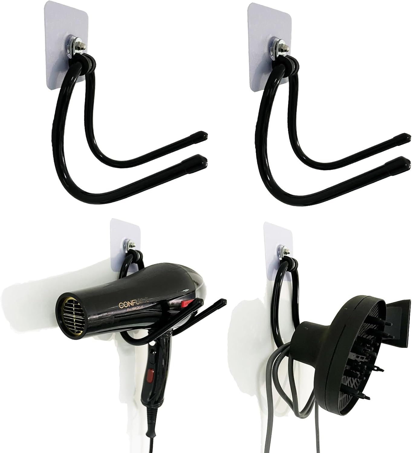 Universal Hair Dryer Holder, Blow Dryer Hanger Hook Wall Mount for Hair Dryer, Towels, Flat Iron,Hair Straightener &Cord Organizer for Cabinet Bathroom - Self Adhesive/Drilling - 2 Pack
