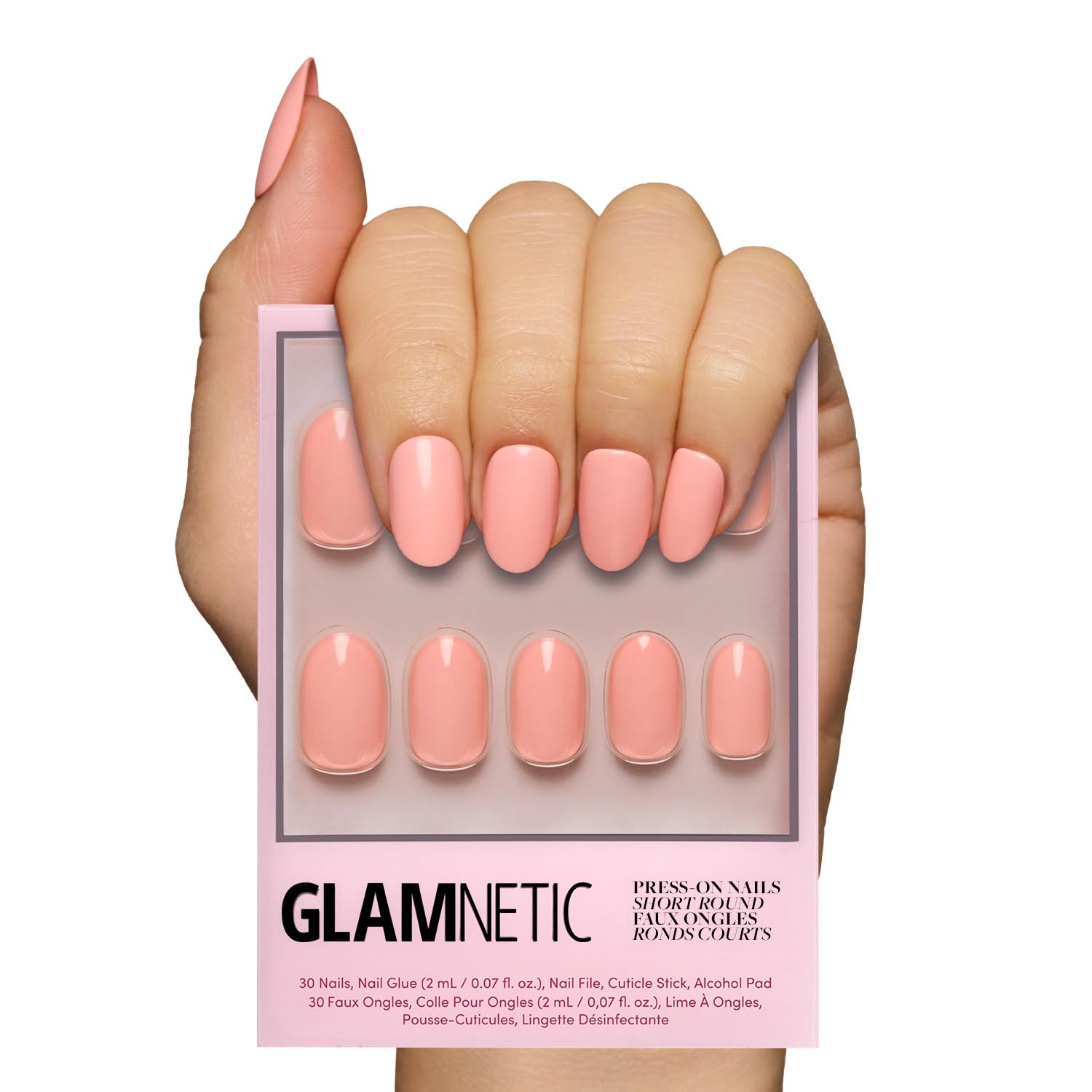 Glamnetic Press On Nails - Peach Coral | Short Round Orange, Glossy Pastel Peach Fake Nails, Reusable Spring Nails | 15 Sizes - 30 Nail Kit with Glue