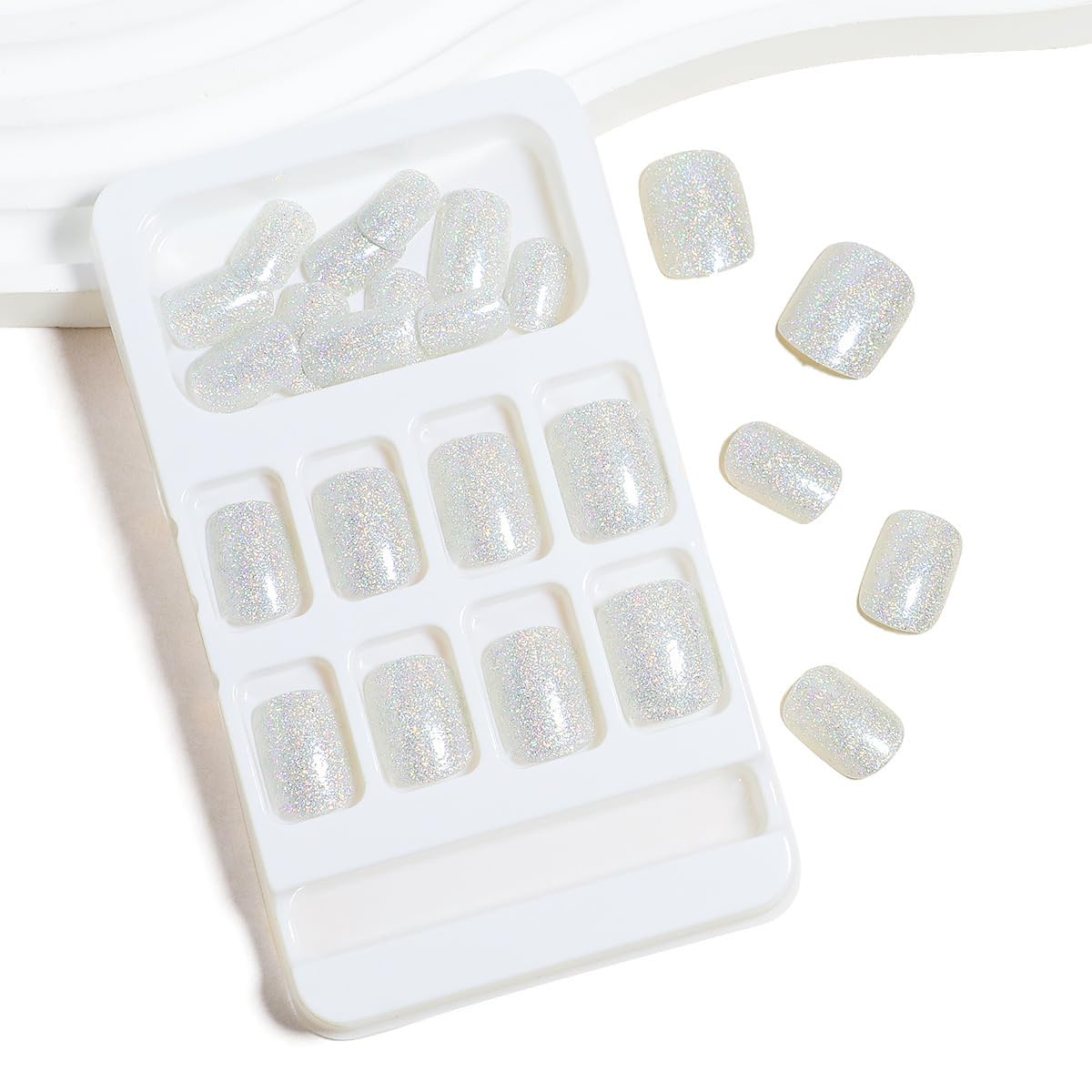 Silver Glitter Press on Nails Short Square Fake Nails Glossy Squoval False Nails with Designs Solid Color Acrylic Nails Set White Glitter Full Cover Glue on Nails for Women Nails Art Decoration 24Pcs - Image 4