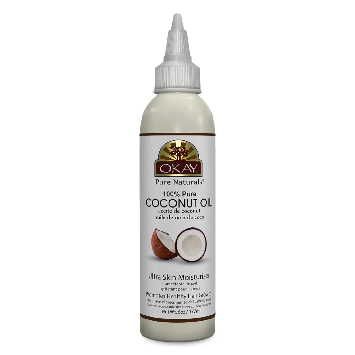 Okay 100% Pure Coconut Oil for Hair & Skin - Coconut Oil for Women & Men, Perfect for Body & Face, for Massage & Moisturizer, Natural - 6 Fl Oz Squeeze Bottle (Pack of 1)