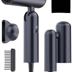 Foldable Hair Dryer for Travel - Global Voltage with Auto-Sensing, 1B Plasma Particles, 200times/s Temp Control, Portable Blow Dryer with Single-Sided Comb, Space Gray