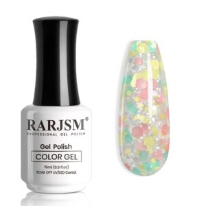RARJSM Glitter Gel Nail Polish Pink Yellow Green Patel Spring Summer Color Big Flakes Gel Polish Sparkly Chunky Clear Shimmer Pigments Soak off Led UV Curing Required for Home Salon Manicure 15ml