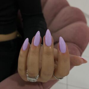 Light Purple Press on Nails Medium Stiletto Almond,KQueenest Pure Color Acrylic Nails Kit Reusable Fake Nails with Feature Protective UV Coating for Women Nail Art Manicure in 24PCS