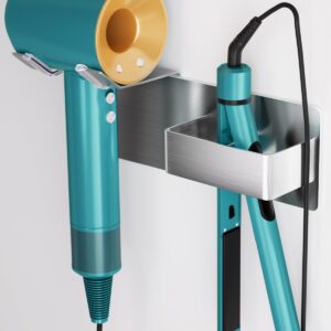 Hair Dryer Holder Wall Mounted, Stainless Steel Blow Dryer Holder for Bathroom, Hair Dryer and Straightener Holder Adhesive or Drilling, Hair Tool Organizer for Salon Barber Shops Banjekt