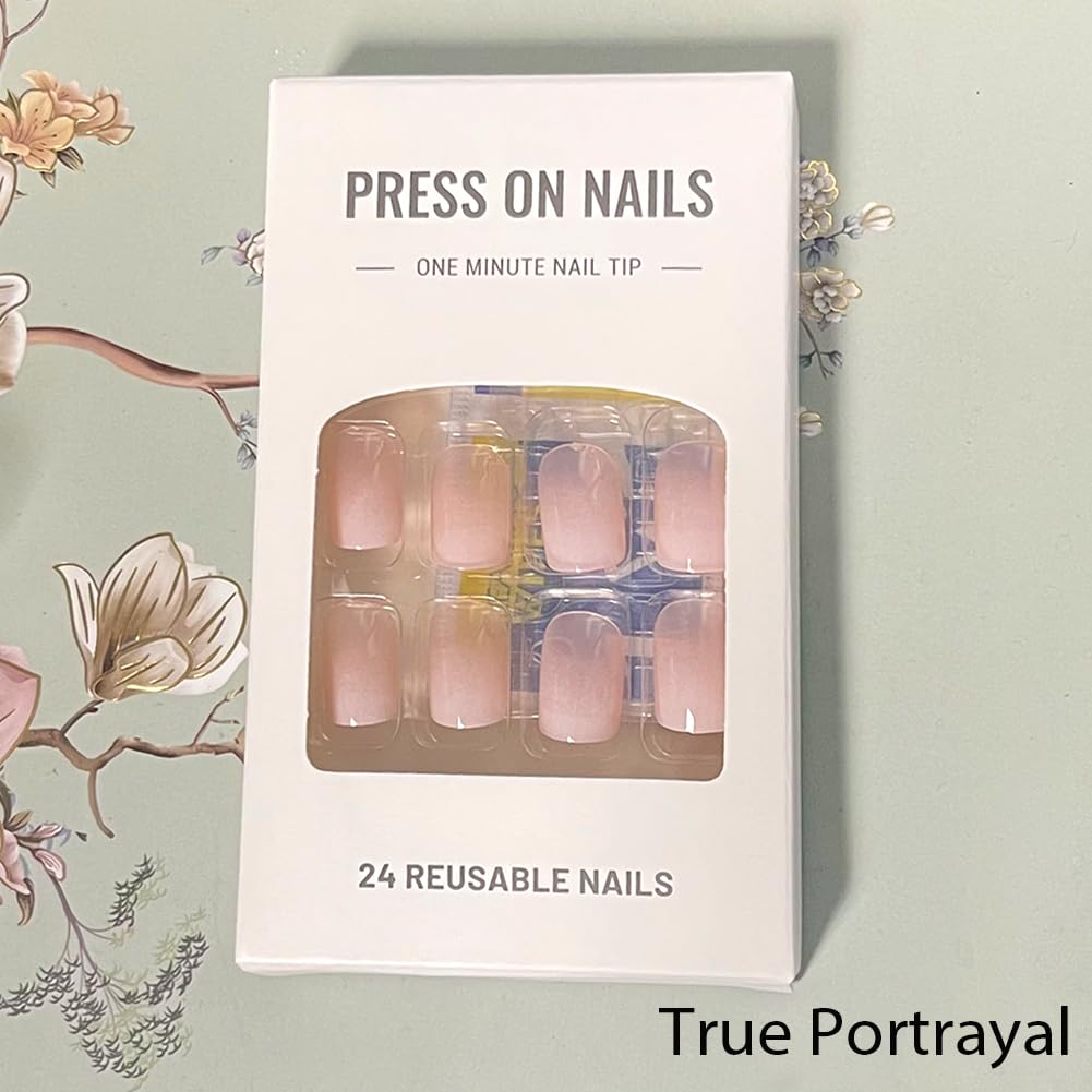 Nails Press ons,White Ombre Short Square Press on Nails Fake Nails Glossy Acrylic Artificial Nails Stick on Nails for Women 24Pcs - Image 4