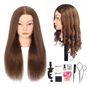 Mannequin Head with 100% Real Human Hair Cosmetology Mannequin Head to Practice Hairstyles Doll Head Training Head for Hairdresser (Brown)