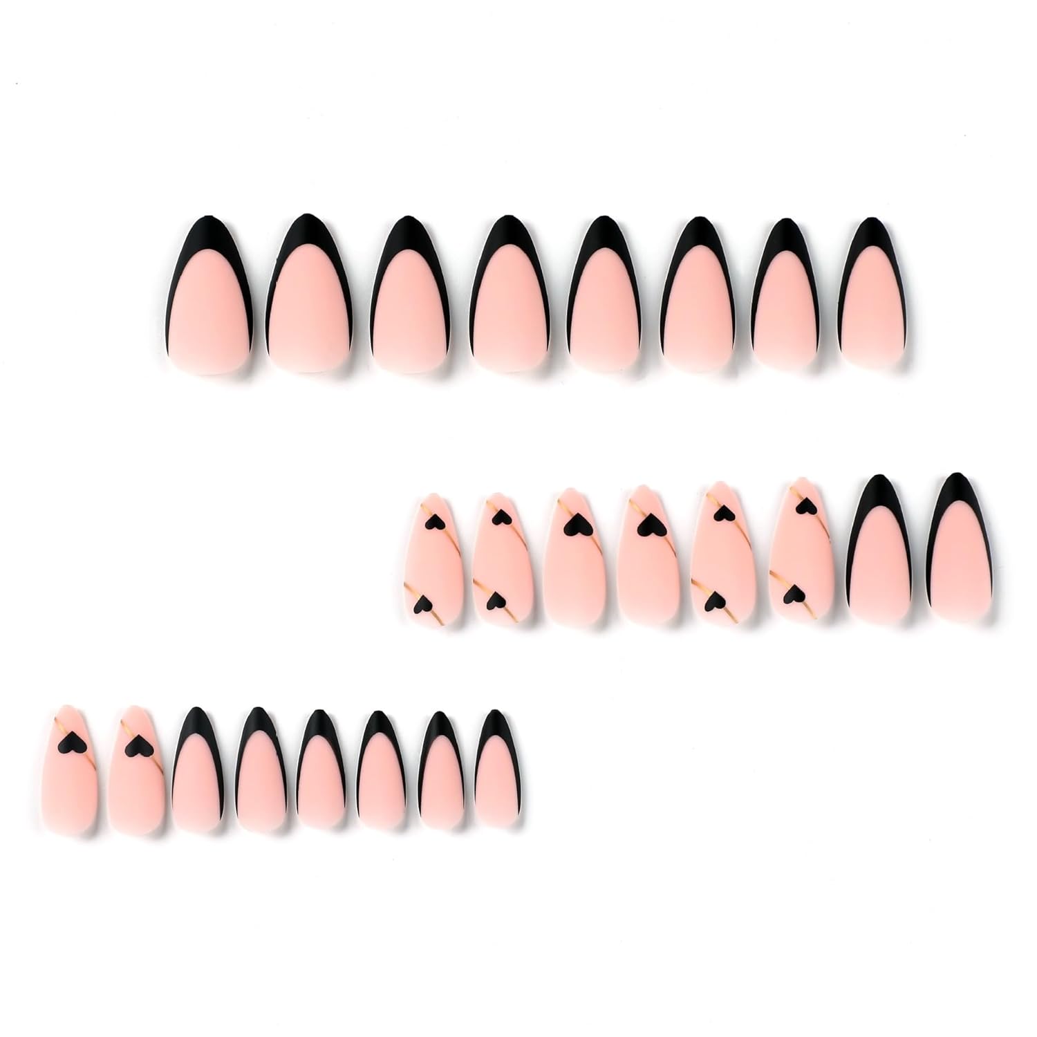 Black French Tip Press on Nails Almond Medium Fake Nails Heart False Nails with Gold Line Design Glue on Nails Reusable Acrylic Nails Full Cover Stick on Nails for Women Manicure 24Pcs - Image 2
