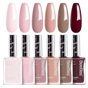 Beetles Nude Nail Polish Set Coconut Mousse 6Pcs, Pink Nail Fast Drying Long Lasting Neutral Brown Red Burgundy Dark Lacquer Glossy for Salon-Quality Results