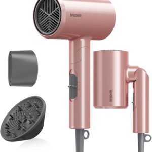 Diffuser Hair Dryer, 1875W Fast Drying, Foldable Travel Design, Turbo Blow Dryer with Diffuser and Concentrator Nozzle, Compact & Powerful Ionic Hairdryer, 3 Temps & 2 Speeds Lightweight, Pink