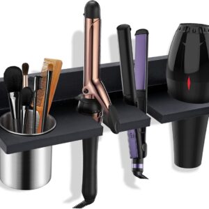 Wooden Hair Tool Organizer - Wall Mounted Blow Dryer Holder for Bathroom, Rustic Styling Tools Organizer for Flat Iron, Curling Wand, Straighteners, Brushes, Black
