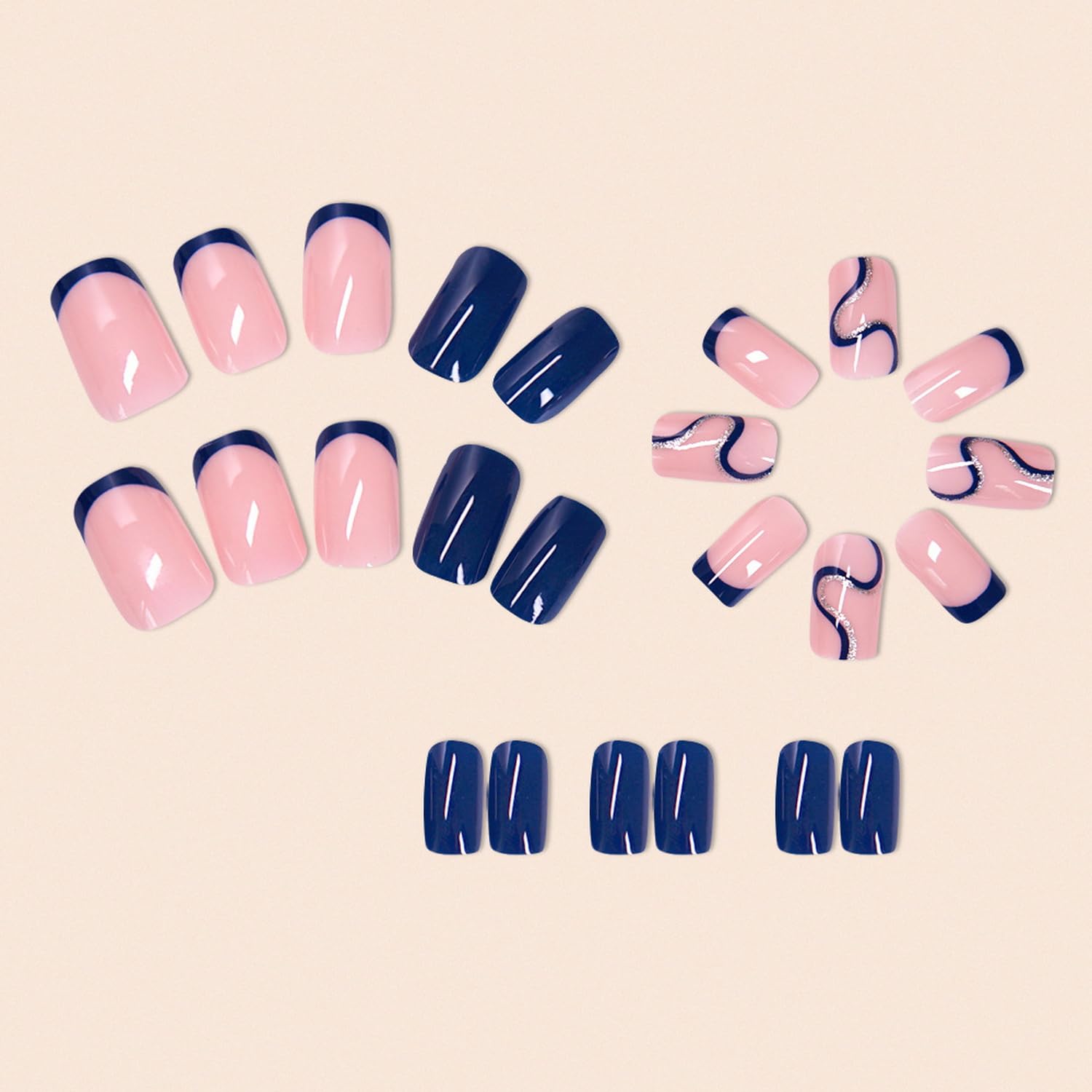 Dark Blue Press on Nails Short Fake Nails with Shiny Curve Designs French Tip Artificial Nails Simplicity Reusable Acrylic Nails False Nails Glossy Glue on Nails for Women Girls - Image 4