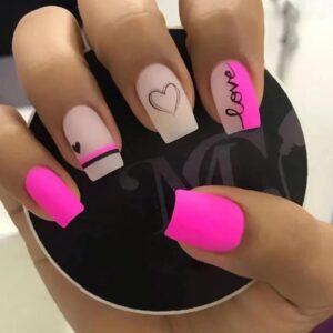 Hot Pink Press on Nails Valentine Nails Prss ons Hollow out Heart Fake Nails with Designs Matte Black False Nails Square Shape Glue on Nails Short Stick on Nails Line Love Artificial Nails for Women