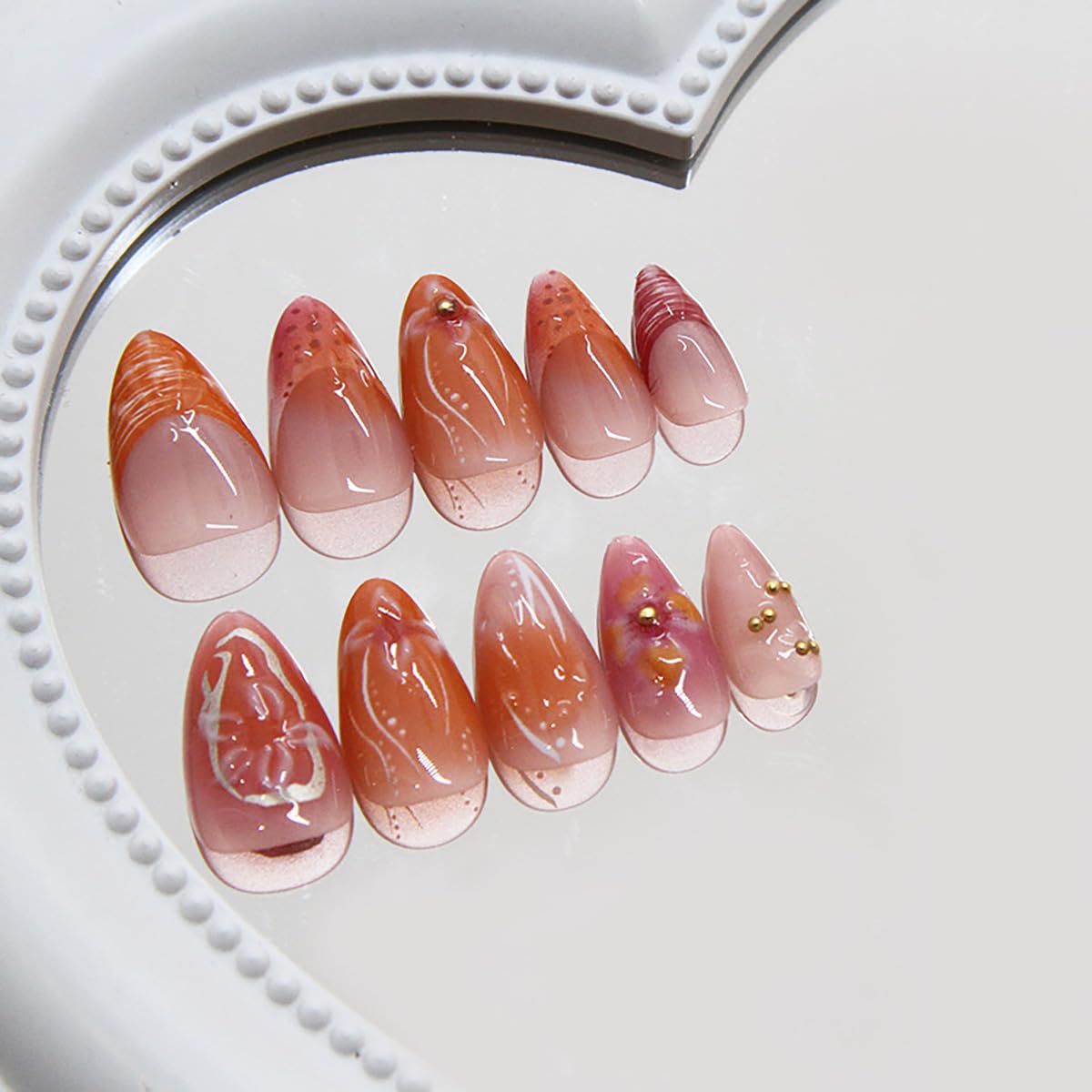 24Pcs Handmade Press on Nails Medium French Tip Fake Nails Almond Shaped 3D Flower Hibiscus with Gold Beads Glitter Design Glue on Nails Spring Summer False Nails for Women Girls Acrylic Manicure - Image 4
