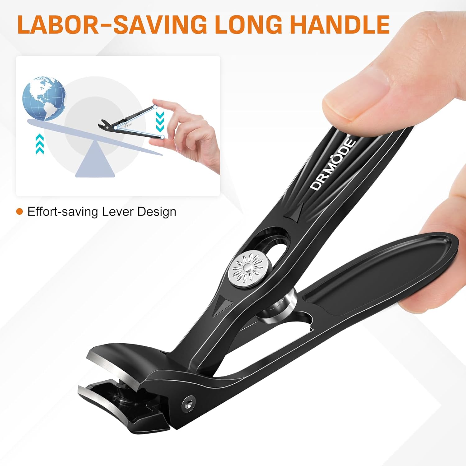 DRMODE Nail Clippers for Men Thick Nails, Angled Head Toe Nail Clippers for Thick Nails for Seniors, Wide Jaw Opening Toenail Clippers Heavy Duty Fingernail Clipper with Catcher Long Handle - Black - Image 6