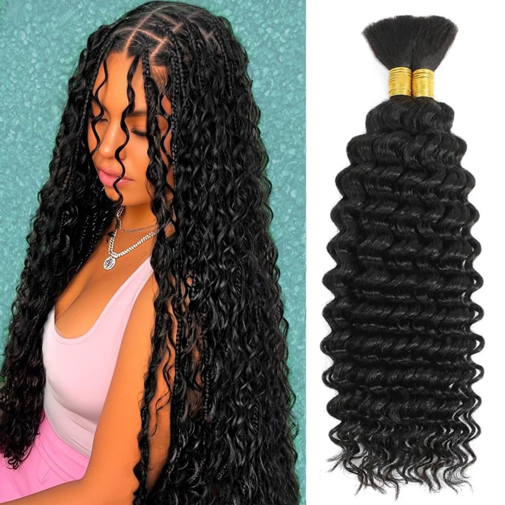 Human Braiding Hair for Boho Braids Curly Boho Hair for Braiding Knotless Deep Wave Bulk Bohemian 100% Human Hair for Micro Braiding Wet and Wavy No Weft 2 Bundles Natural Color 18 Inch