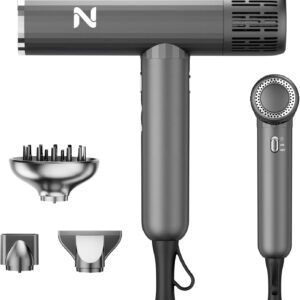 Ionic Salon Hair Dryer with 3 Attachments, 1600W Professional Blow Dryer with 110000RPM High Speed Brushless Motor for Fast Drying, Lightweight, Low Noise, Locking Function, 4 Temps & 3 Speeds