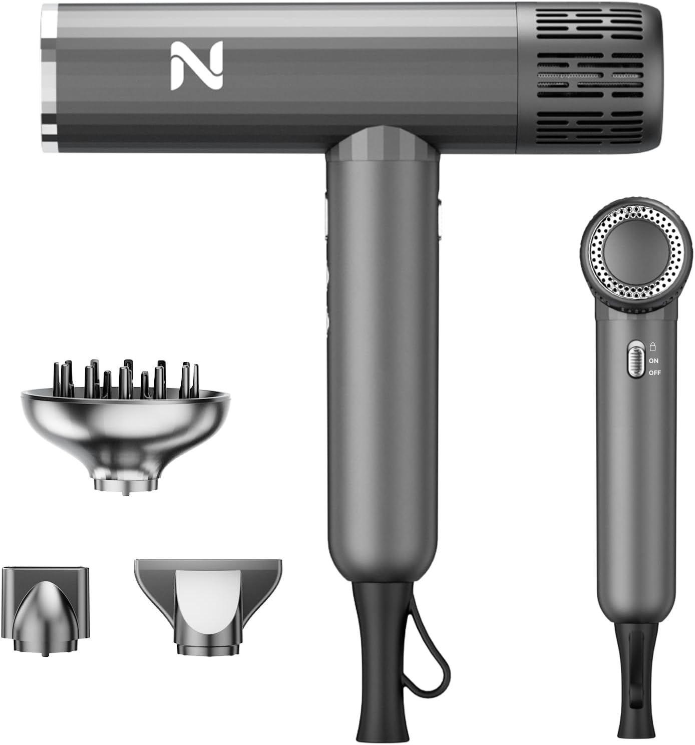 Ionic Salon Hair Dryer with 3 Attachments, 1600W Professional Blow Dryer with 110000RPM High Speed Brushless Motor for Fast Drying, Lightweight, Low Noise, Locking Function, 4 Temps & 3 Speeds