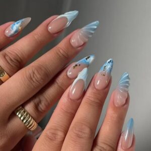 Coquette Blue French Tips Press On Nails - Ocean Design, 24 Pcs, 3D Acrylic, Medium Almond, Glossy Gold Glitter, Gel Glue, Blue Gradient, False Nails
