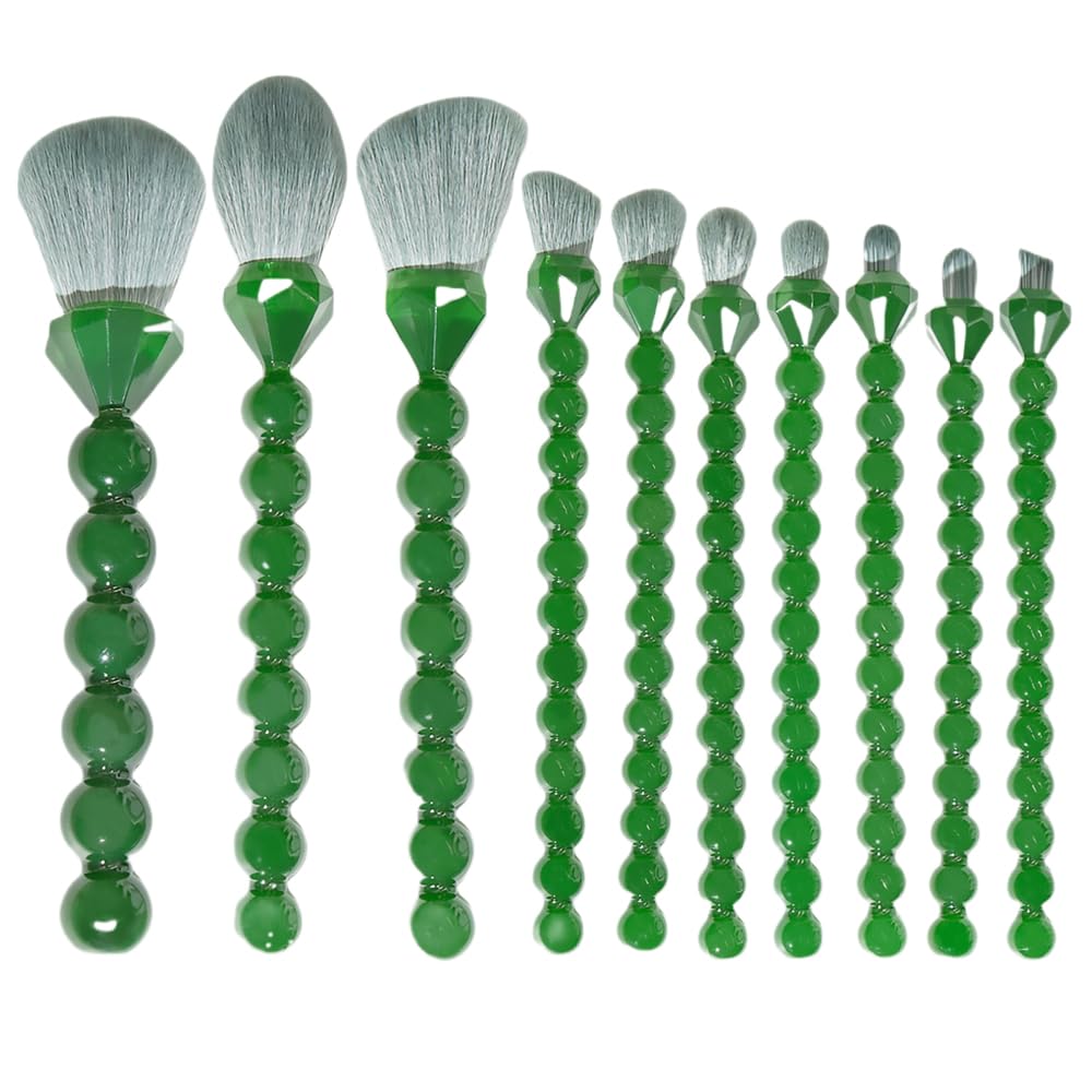 COSHINE Unique Diamond and Pearl Design Makeup Brush Set, 10pcs Cute and Full Complete Powder, Concealer, Blush, Eye Shadow Cosmetic Brushes Kit (GREEN)