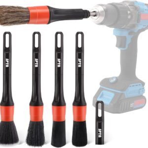 SPTA Car Drill Brush, Drill Brush Attachment 5Pcs Detachable Car Care Detailing Brush Set Soft No Scratch Boar Hair Detail Brush Car Care Detail Brush for Air Vent Automotive Interior Exterior -DF075